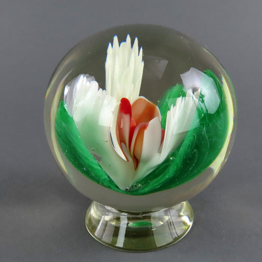 Sweet Hand-Blown Pedestal Paperweight Red and White Flowers