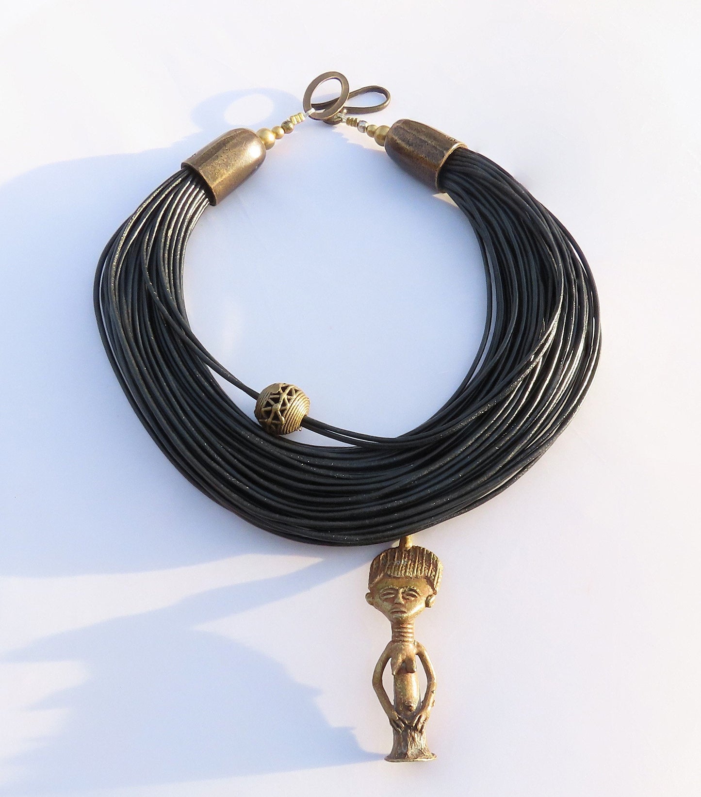 EKABO Paris African Figure Layered Black Leather Necklace 16 Inches