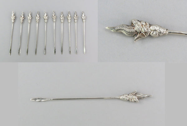 c1930s Vietnamese 900 Silver 10 Food Picks w/ Stand Dragons Design