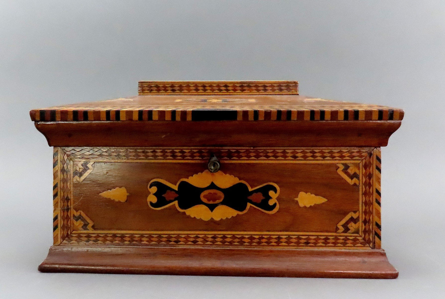 c1860s Rare Marquetry Inlay Sailor's Box Ditty Box Sewing Box w Interior Tray