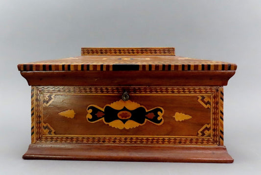 c1860s Rare Marquetry Inlay Sailor's Box Ditty Box Sewing Box w Interior Tray