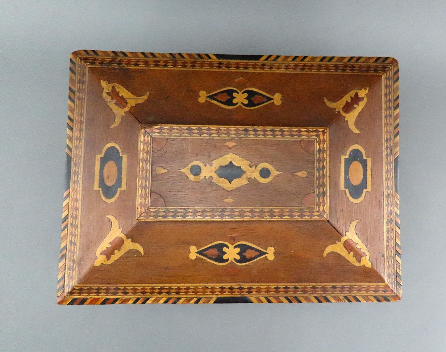 c1860s Rare Marquetry Inlay Sailor's Box Ditty Box Sewing Box w Interior Tray
