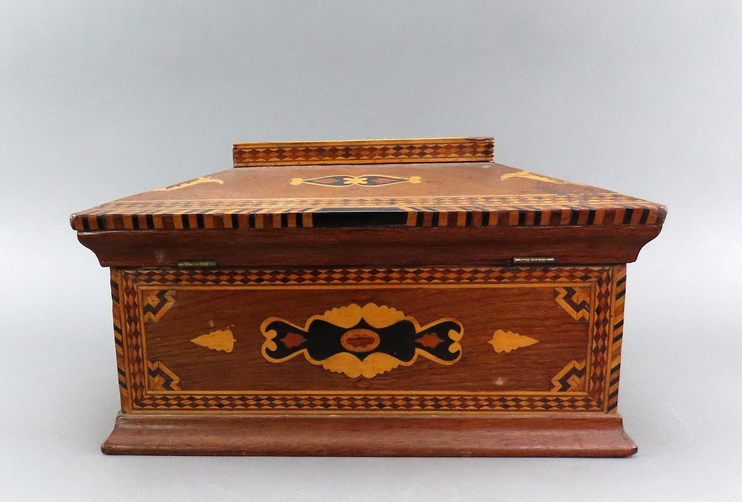 c1860s Rare Marquetry Inlay Sailor's Box Ditty Box Sewing Box w Interior Tray