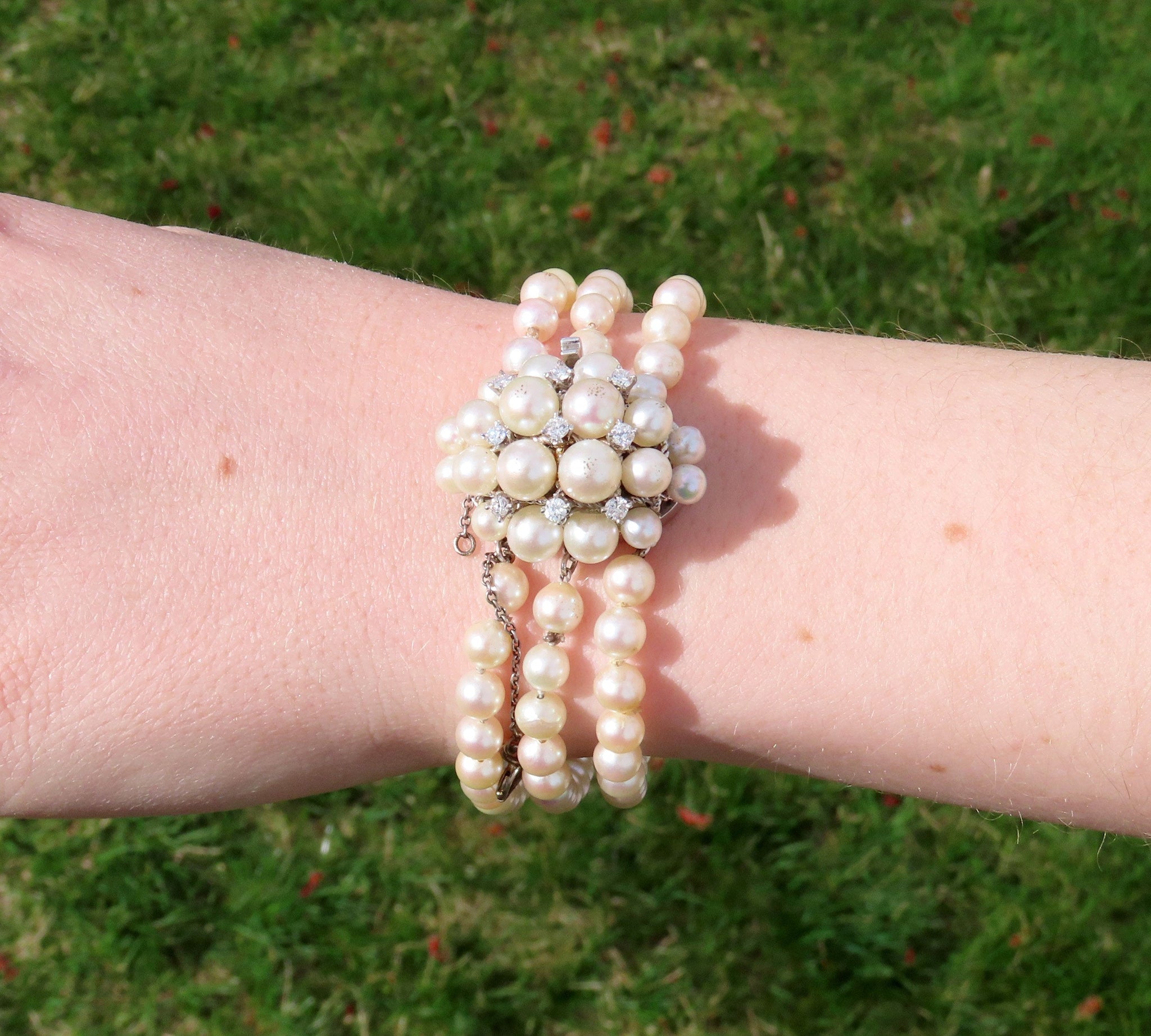 Stunning 14k White Gold Diamond Triple Strand ~5mm Pearl Bracelet