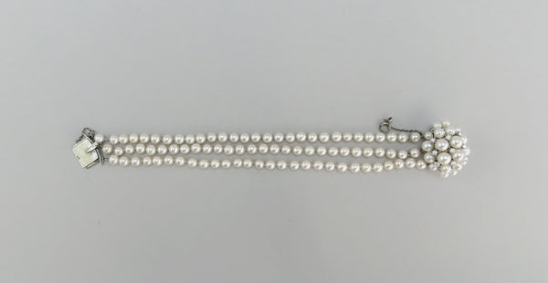Stunning 14k White Gold Diamond Triple Strand ~5mm Pearl Bracelet