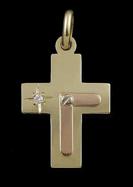 Unusual Modern Tri-Color 14k Gold & Diamond Cross Pendant