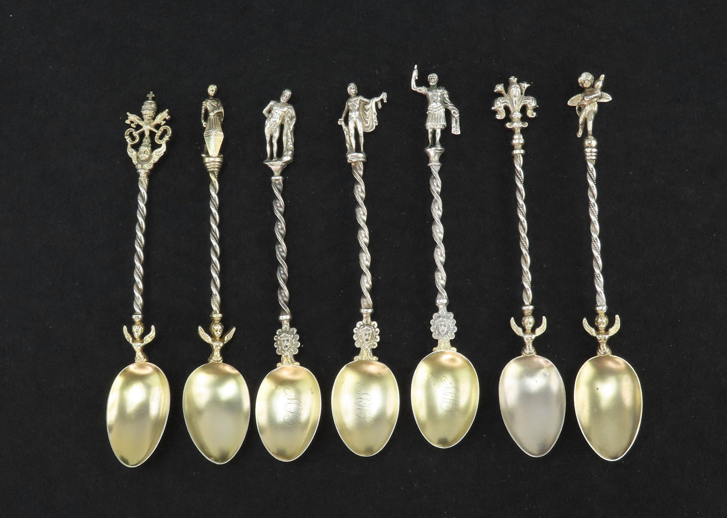 Superb Set 7 Italian 800 Silver Gilt City Souvenir Spoons Vatican Florence