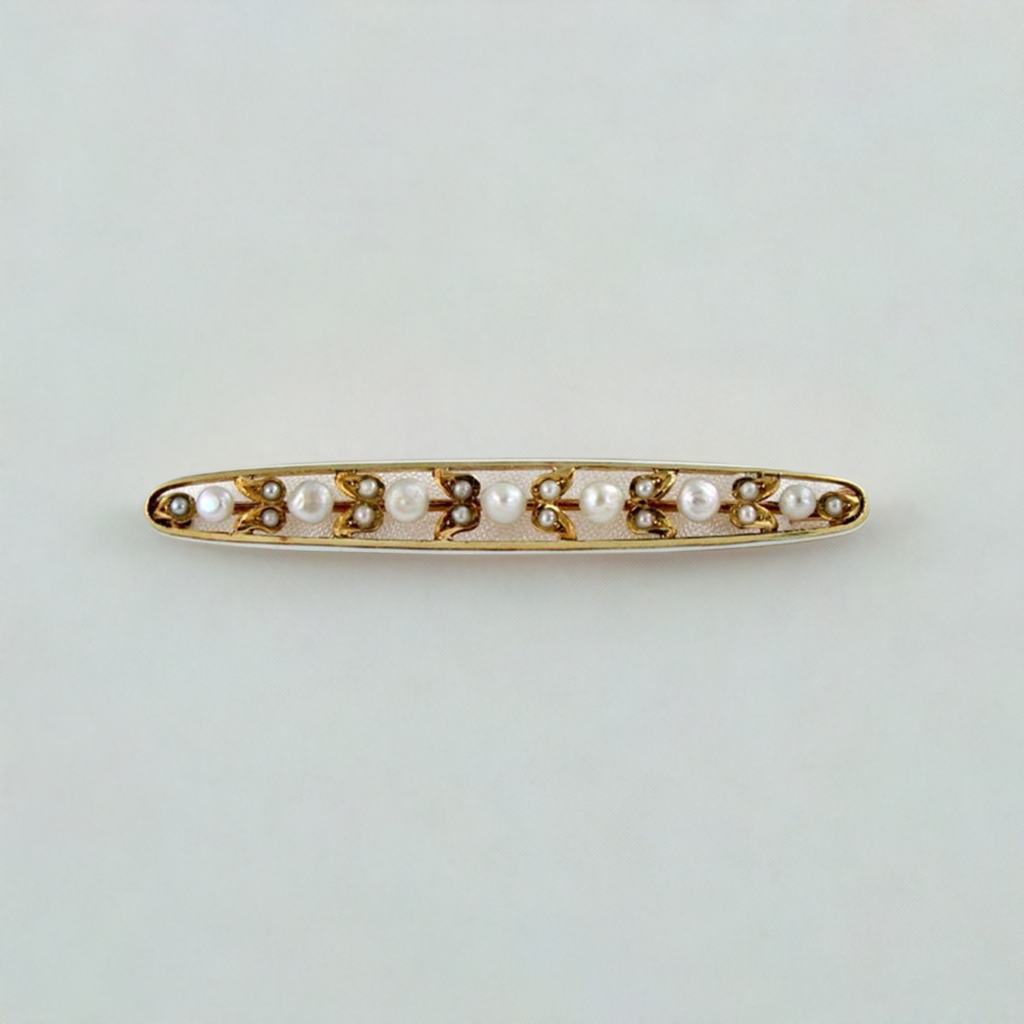 Lovely Antique 14k Gold Pearl Enameled Bar Pin 1900s