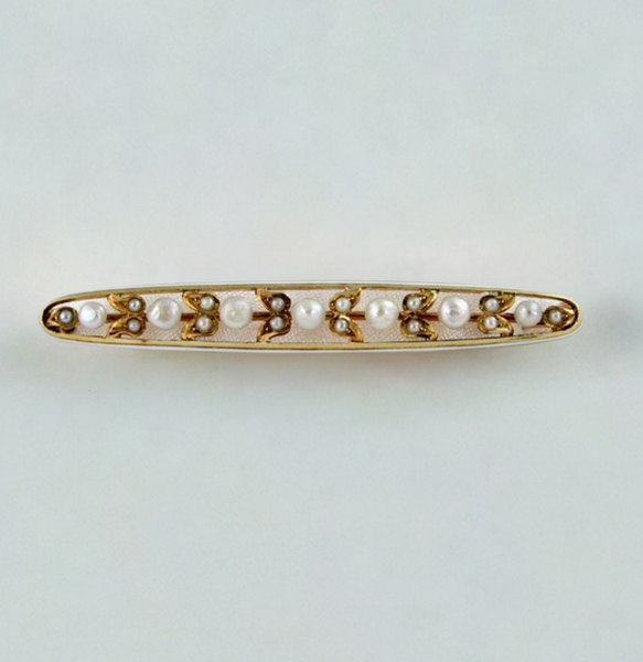 Lovely Antique 14k Gold Pearl Enameled Bar Pin 1900s