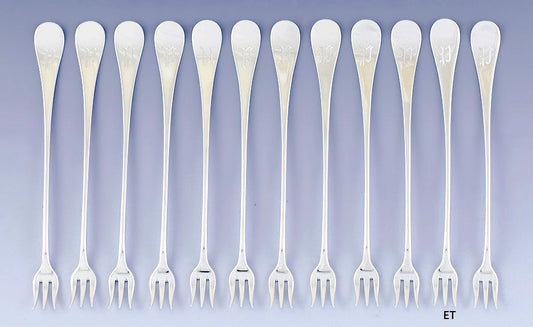 Fine Set 12 American Sterling Silver Seafood / Cocktail / Hors d'oeuvres Forks