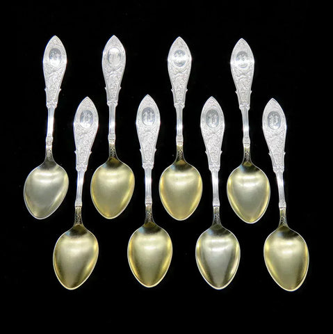 8 Antique Mint Sterling Silver Whiting Arabesque 1875 Gilt Bowl Demitasse Spoons