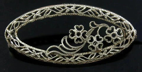 Pretty 10k Solid White Gold Victorian Filigree Openwork Pin