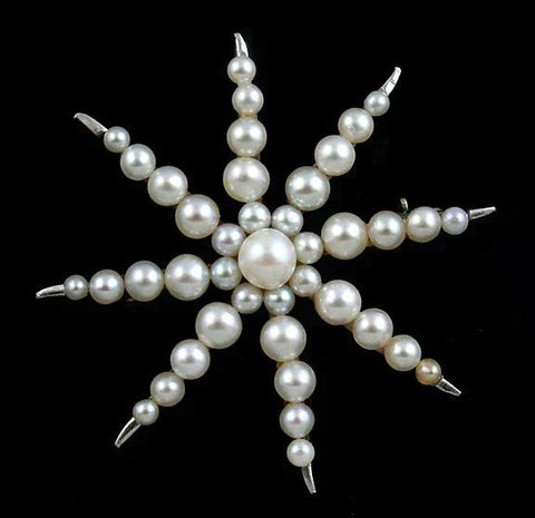 Antique Radiant Pearl 14k Gold Platinum Sunburst Star Pin/Brooch