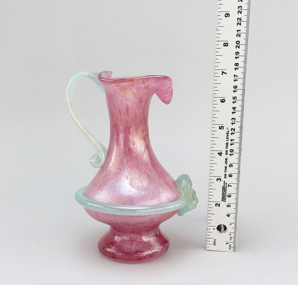 1980/90s Nice French Iridescent Art Glass Pitcher Pastel Pink and Blue 7" Tall