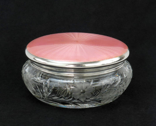 American Brilliant Period ABP Cut Glass Dresser Jar Sterling Silver Pink Enamel