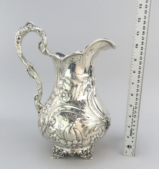 1850s Fabulous American Coin Silver Large Pitcher Fargo Family Monogram 12" Tall