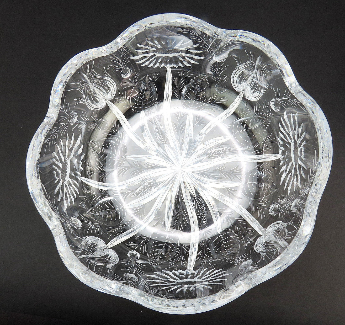 Excellent Rare Signed Hawkes ABP Gravic Glass Intaglio Flowers Floral 9" Bowl