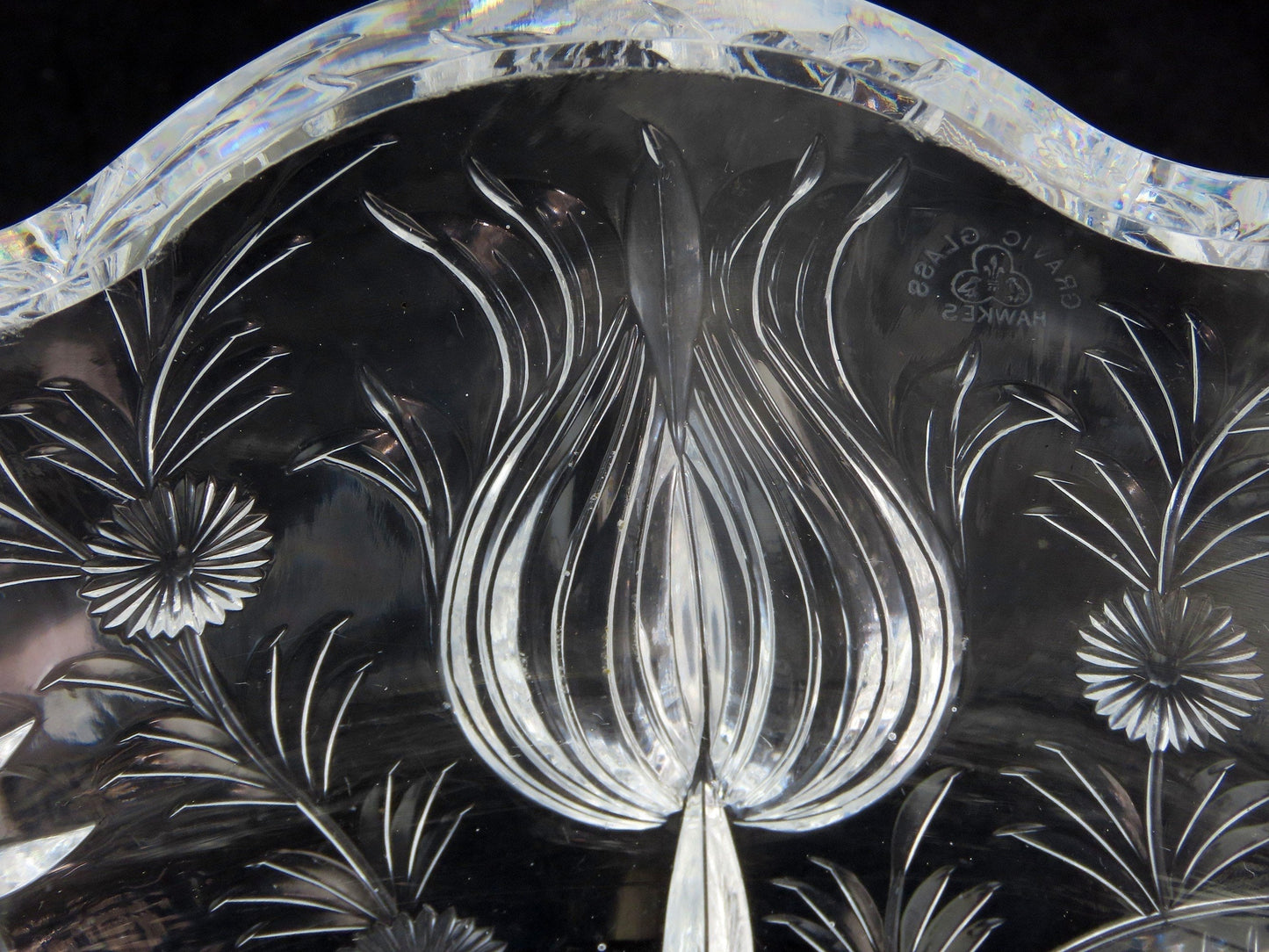 Excellent Rare Signed Hawkes ABP Gravic Glass Intaglio Flowers Floral 9" Bowl