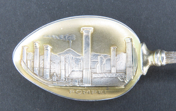 1890s Pompeii 800 Silver Souvenir Spoon Vesuvius City Scene Enamel Urn Top