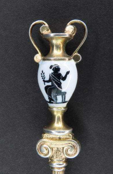 1890s Pompeii 800 Silver Souvenir Spoon Vesuvius City Scene Enamel Urn Top