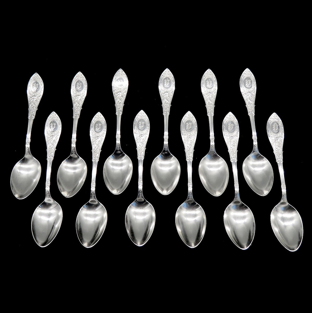 12 Antique Sterling Silver Whiting Arabesque 1875 Demitasse Coffee Spoons
