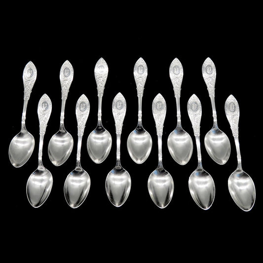 12 Antique Sterling Silver Whiting Arabesque 1875 Demitasse Coffee Spoons