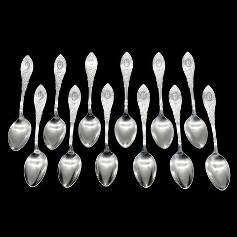 12 Antique Sterling Silver Whiting Arabesque 1875 Demitasse Coffee Spoons