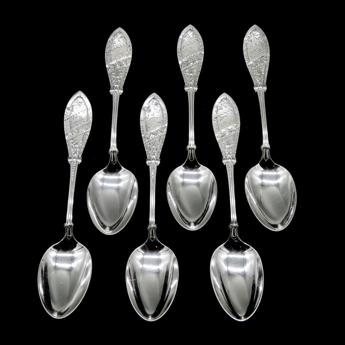 6 Antique Whiting Italian J Engraved 1874 Sterling Silver Teaspoons 6" P Mono