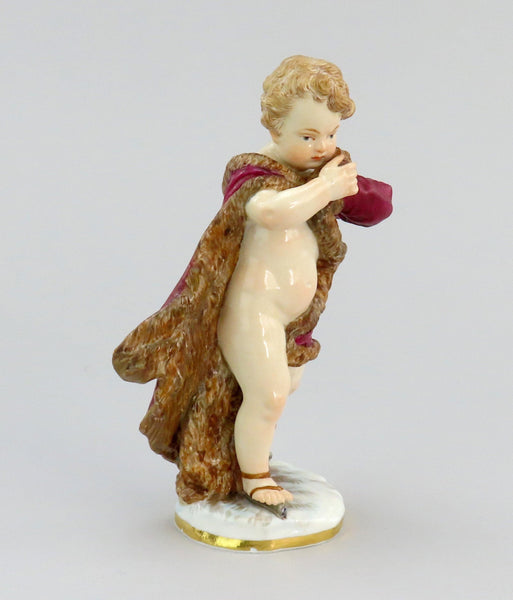 Charming Antique Meissen Figurine of Ice Skating Putti Cherub Allegory of Winter