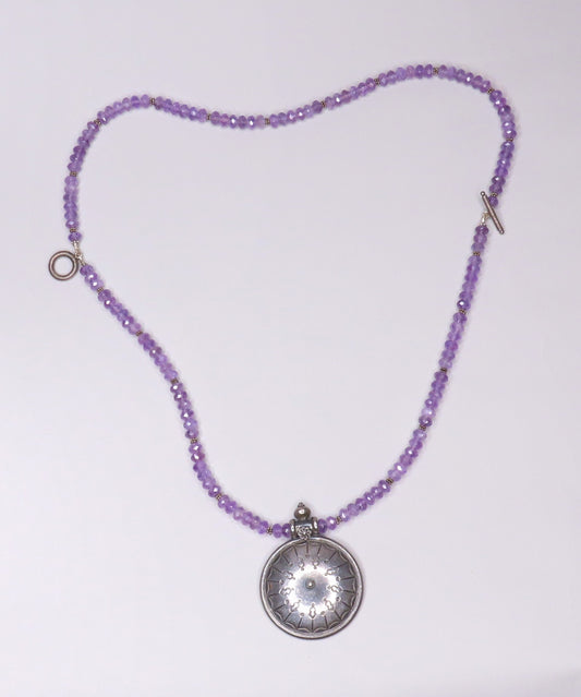 Wonderful Sterling Silver Pendant w/ Amethyst Stones Toggle Closure 16.5 Inches