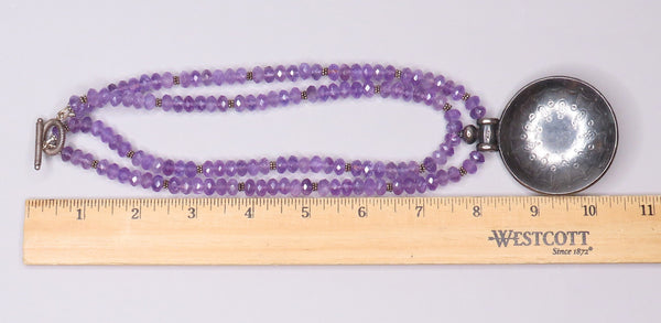 Wonderful Sterling Silver Pendant w/ Amethyst Stones Toggle Closure 16.5 Inches