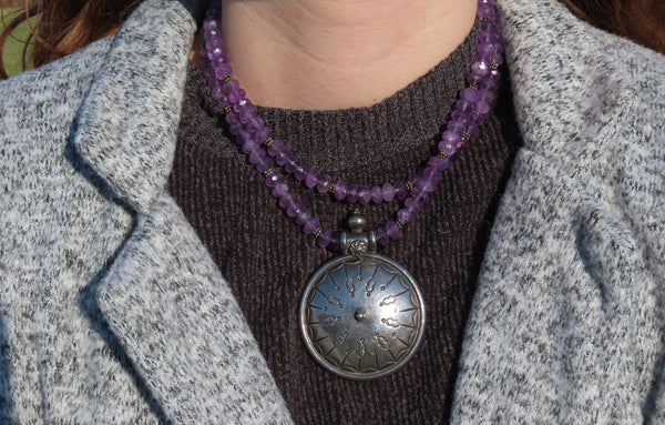 Wonderful Sterling Silver Pendant w/ Amethyst Stones Toggle Closure 16.5 Inches