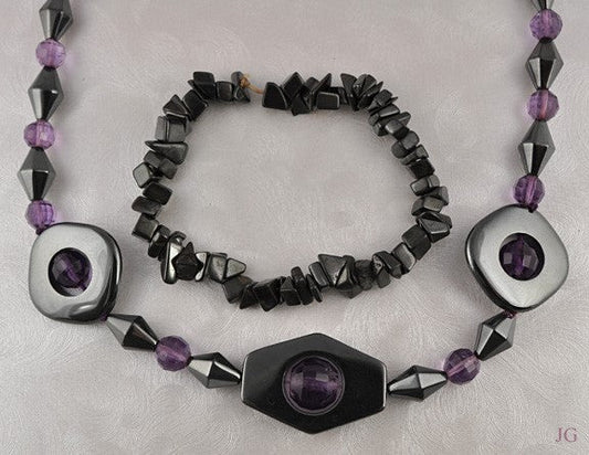 Hematite and Amethyst Necklace w/Silver Clasp and Bracelet
