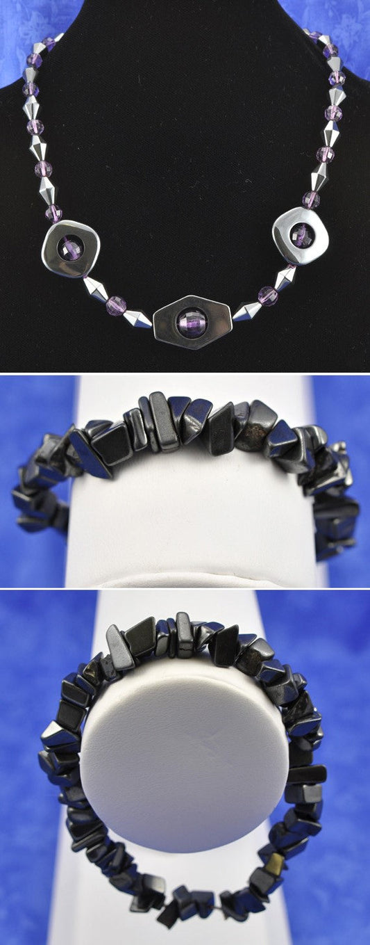 Hematite and Amethyst Necklace w/Silver Clasp and Bracelet
