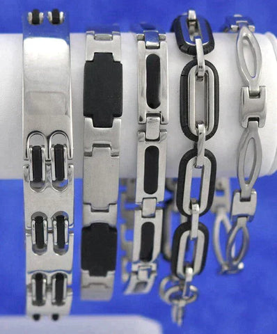 5 Stainless Steel and Black Enamel/Rubber Link Bracelets