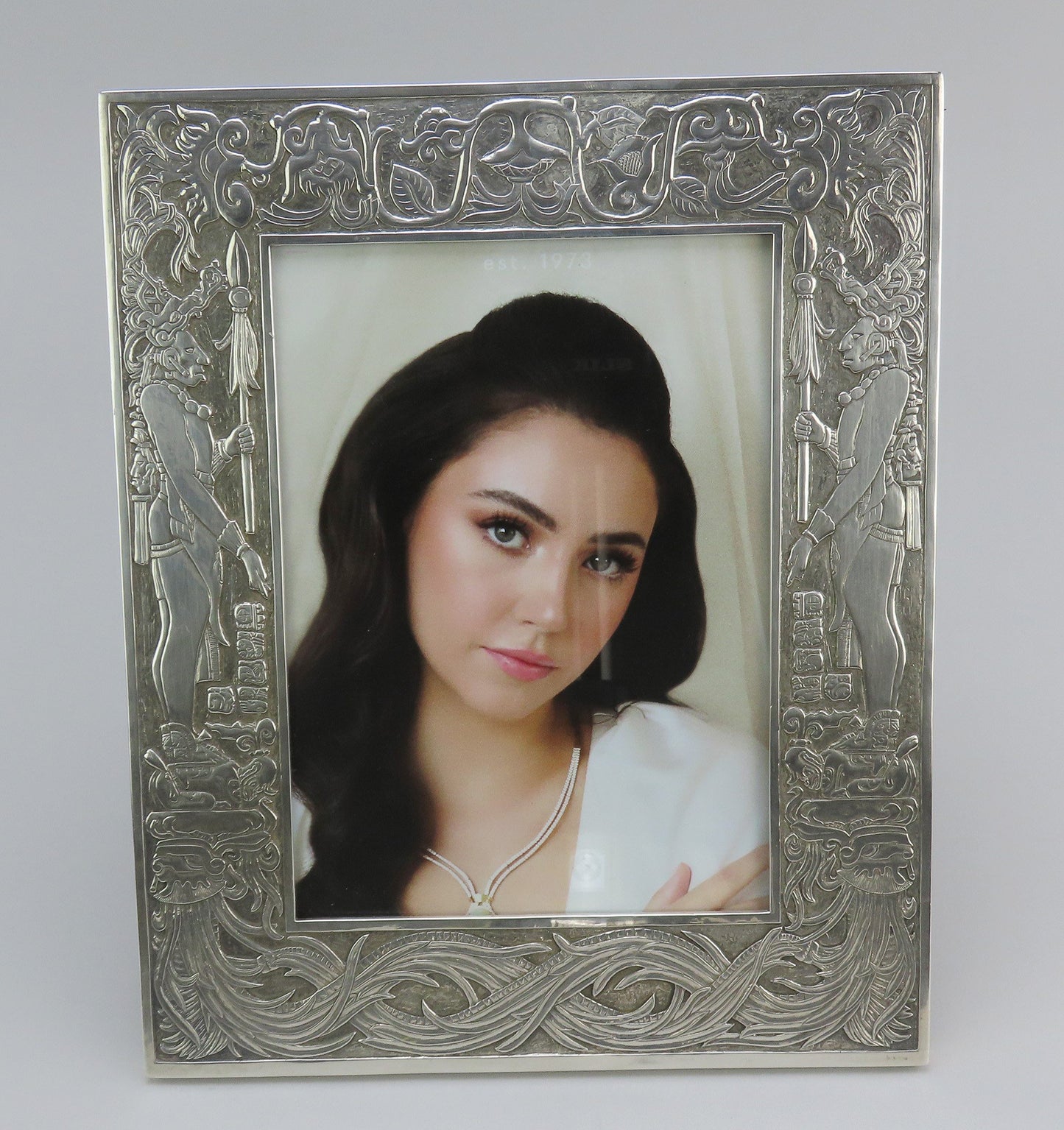 Exquisite Hand Carved Sterling Silver Aztec God Warrior Picture Frame OOAK