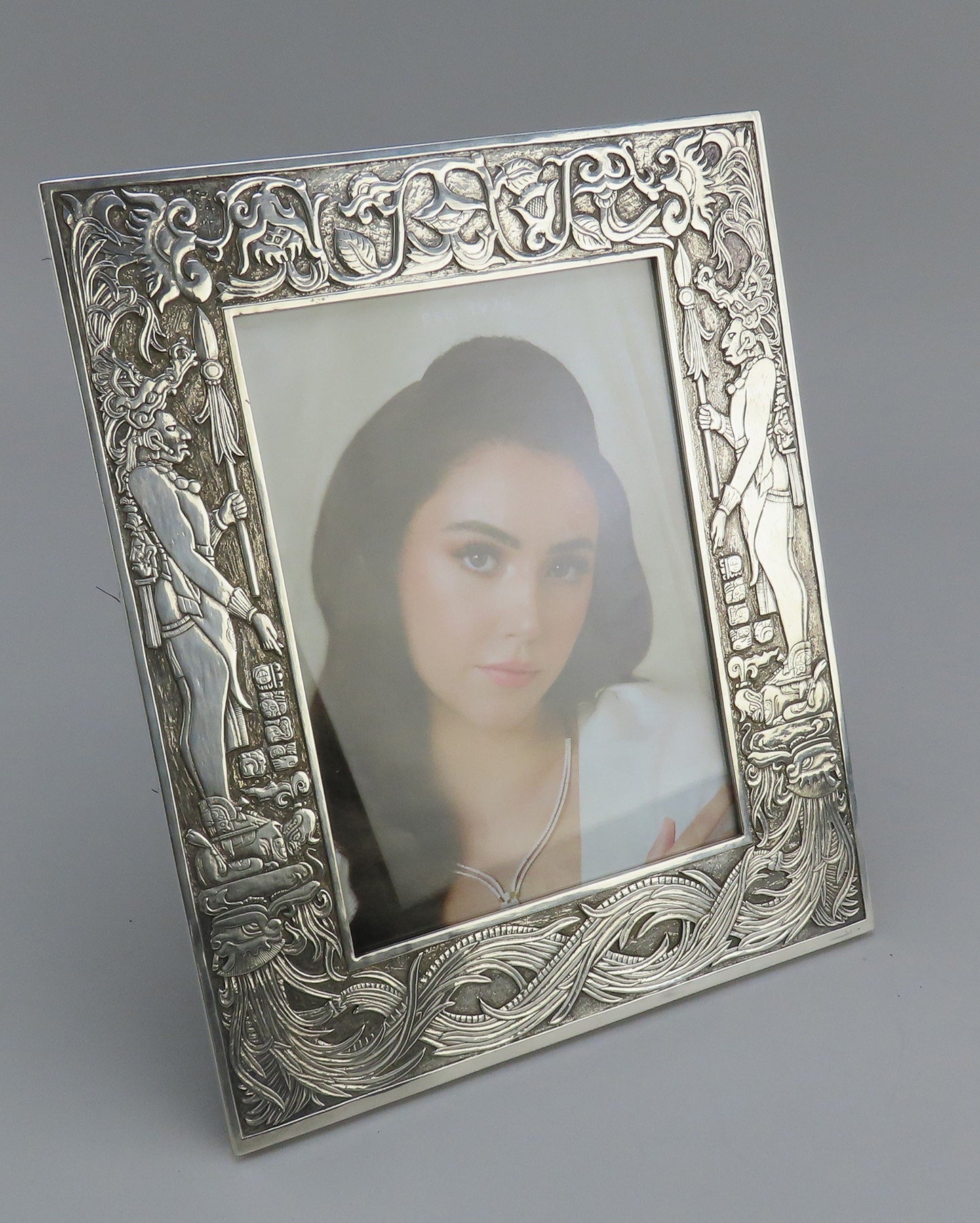 Exquisite Hand Carved Sterling Silver Aztec God Warrior Picture Frame OOAK