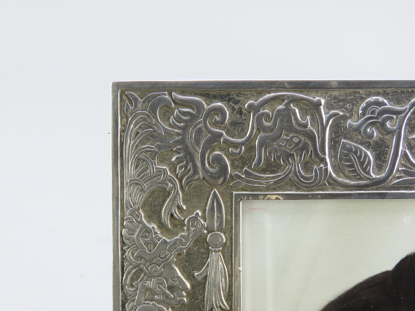 Exquisite Hand Carved Sterling Silver Aztec God Warrior Picture Frame OOAK