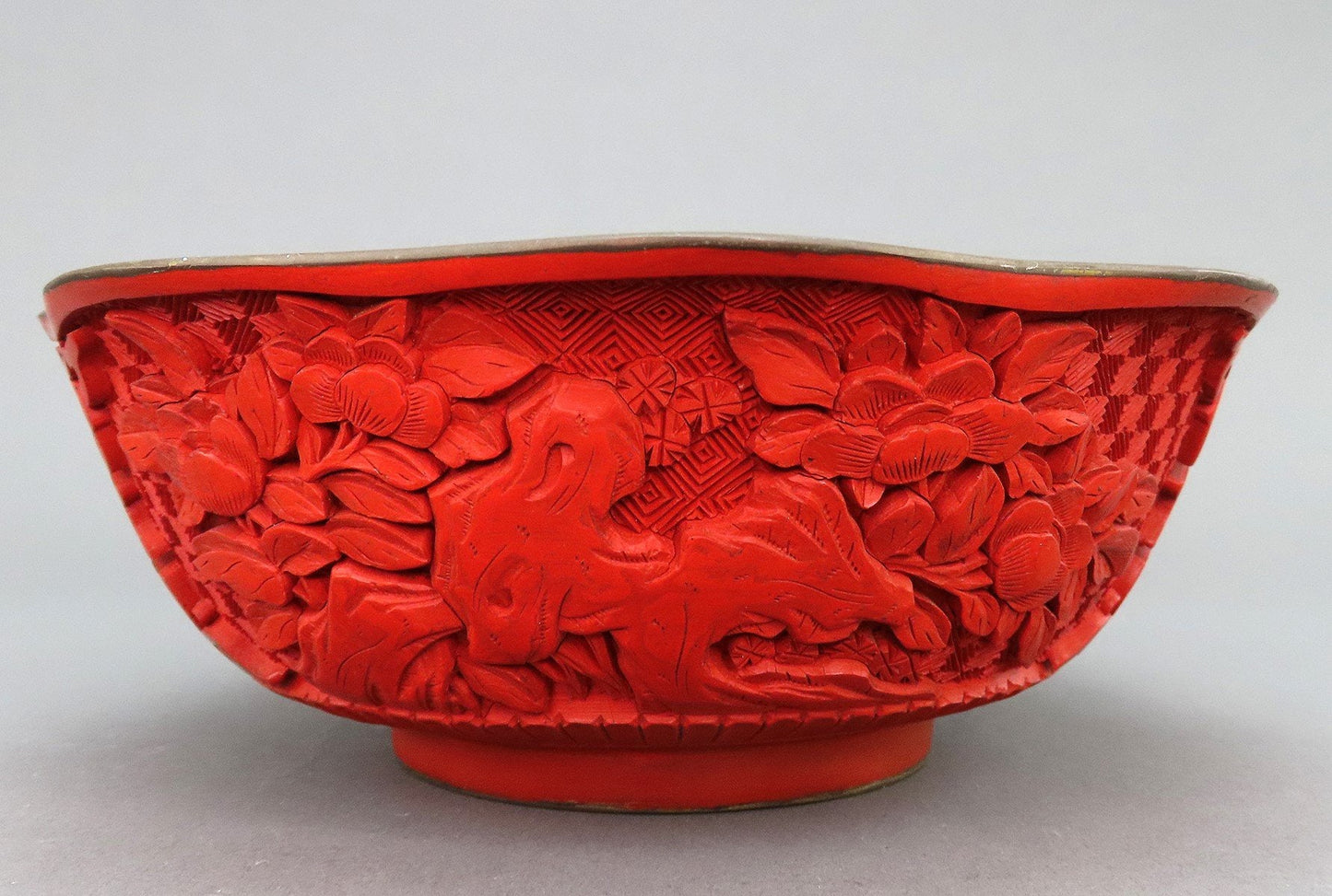 Fabulous VTG Hand Carved Chinese Cinnabar Floral Bowl Blue Enamel