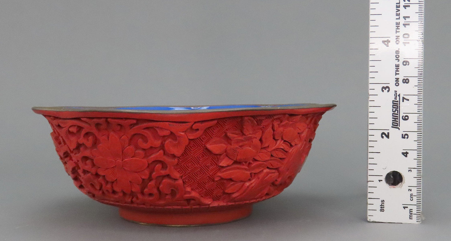 Fabulous VTG Hand Carved Chinese Cinnabar Floral Bowl Blue Enamel