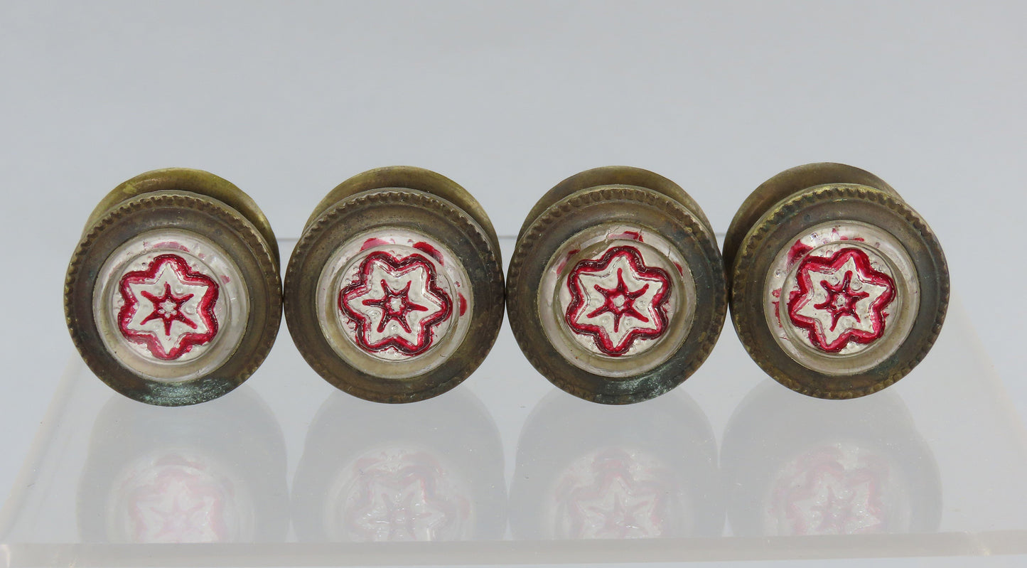 Victorian 4 Small Red Sulphide Glass and Brass Curtain Tie Backs Nobs