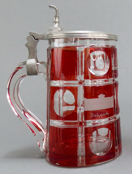 Antique c1860s Czech/Bohemian Ruby Red Cut Engraved Glass Pewter Lid Tankard