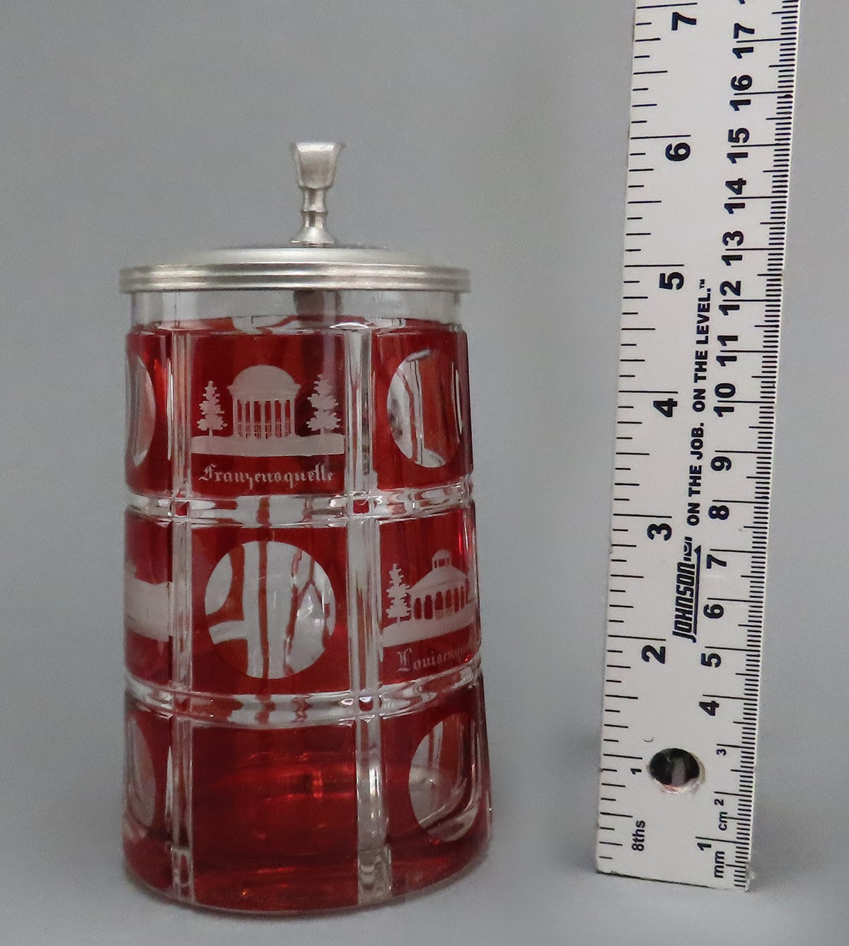 Antique c1860s Czech/Bohemian Ruby Red Cut Engraved Glass Pewter Lid Tankard