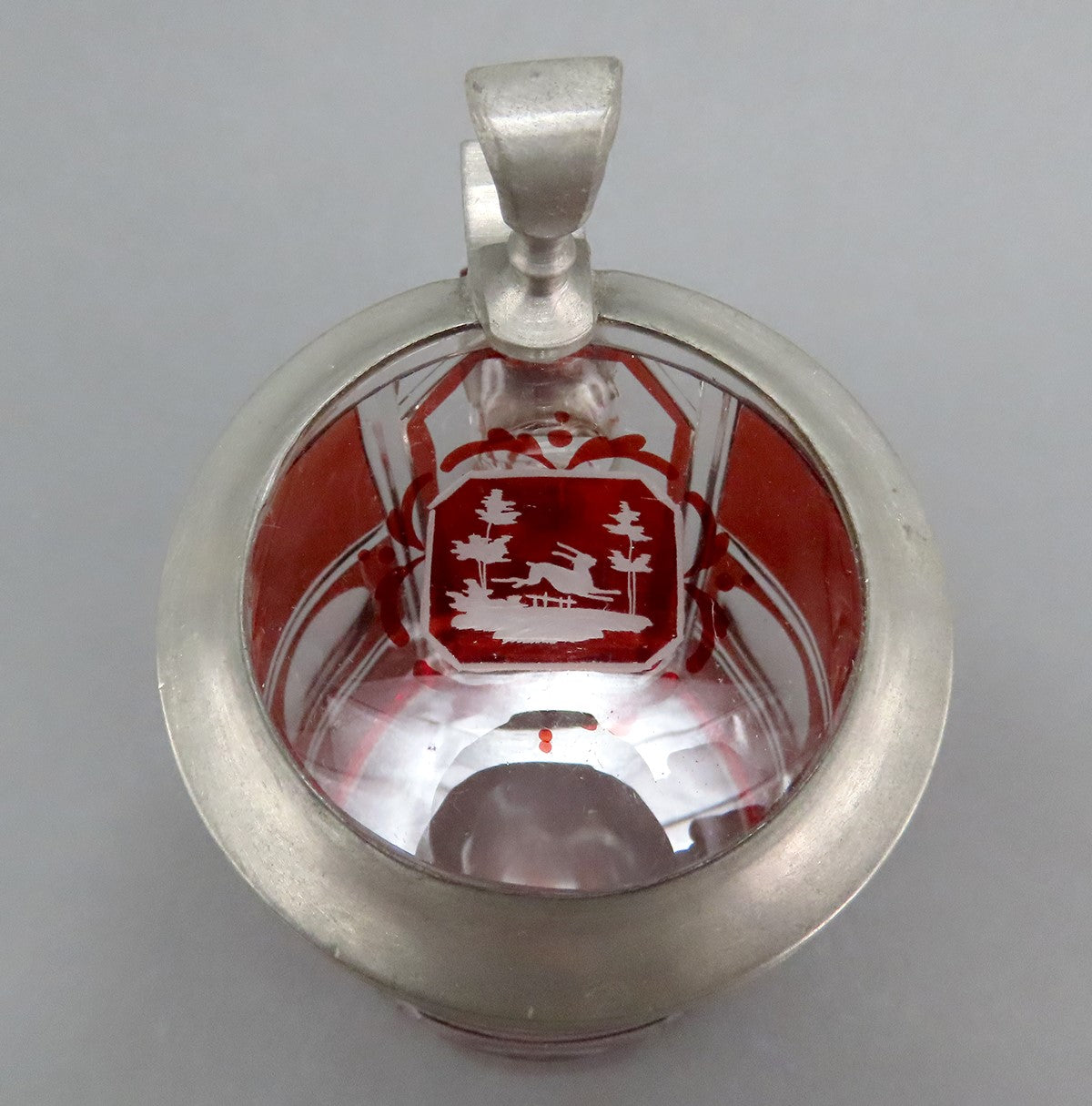 Antique c1860s Czech/Bohemian Ruby Red Cut Engraved Glass Pewter Lid Tankard