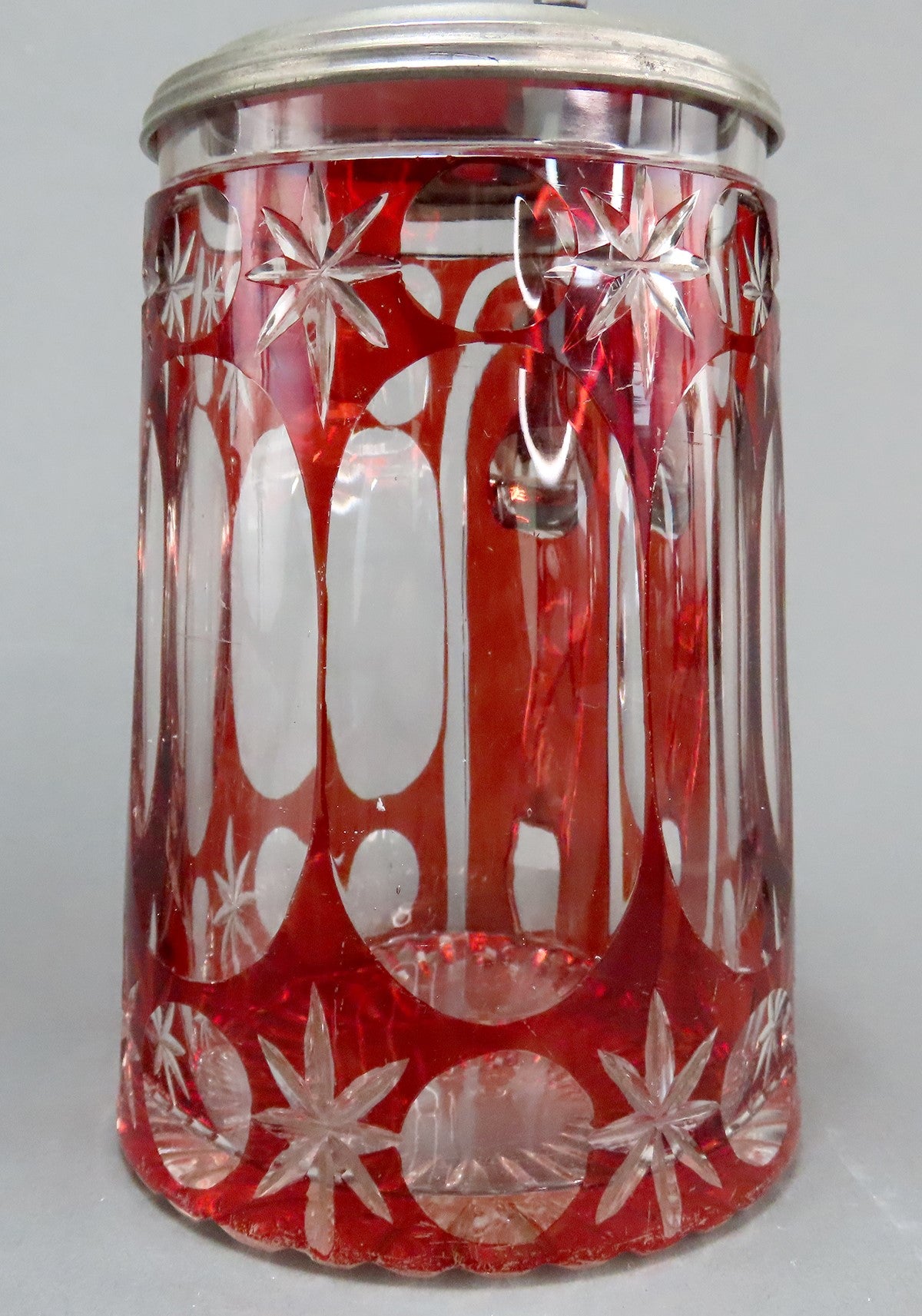 Fine c1860s Czech/Bohemian Ruby Cut Glass Star Design Pewter Lid Tankard