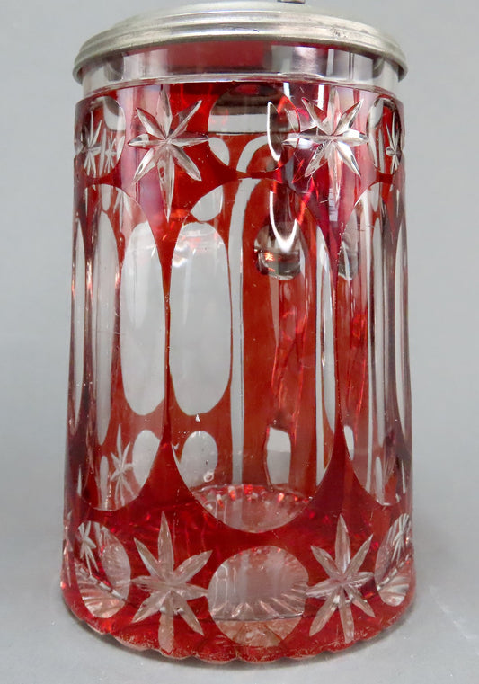 Fine c1860s Czech/Bohemian Ruby Cut Glass Star Design Pewter Lid Tankard