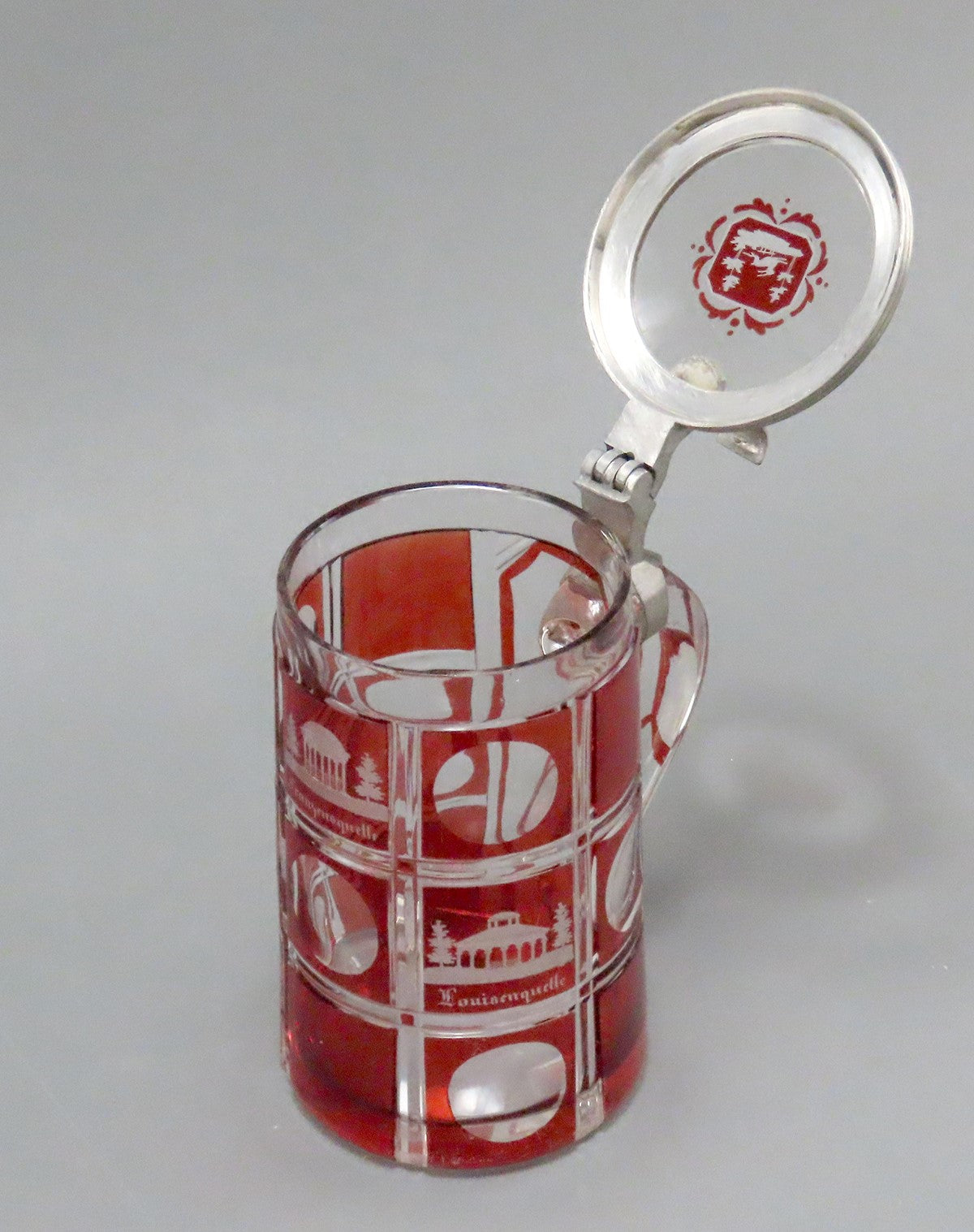 Antique c1860s Czech/Bohemian Ruby Red Cut Engraved Glass Pewter Lid Tankard