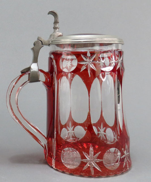 Fine c1860s Czech/Bohemian Ruby Cut Glass Star Design Pewter Lid Tankard