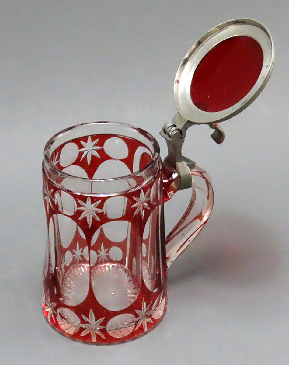 Fine c1860s Czech/Bohemian Ruby Cut Glass Star Design Pewter Lid Tankard