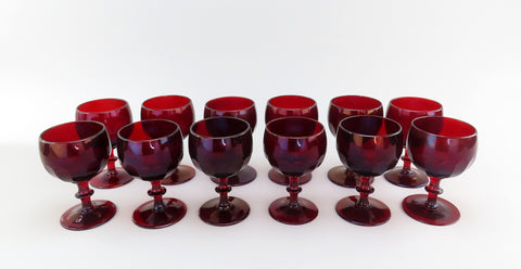 Superb set 12 c1860s Czech/Bohemian Ruby Red Cut Glass Wine Glasses Stemware